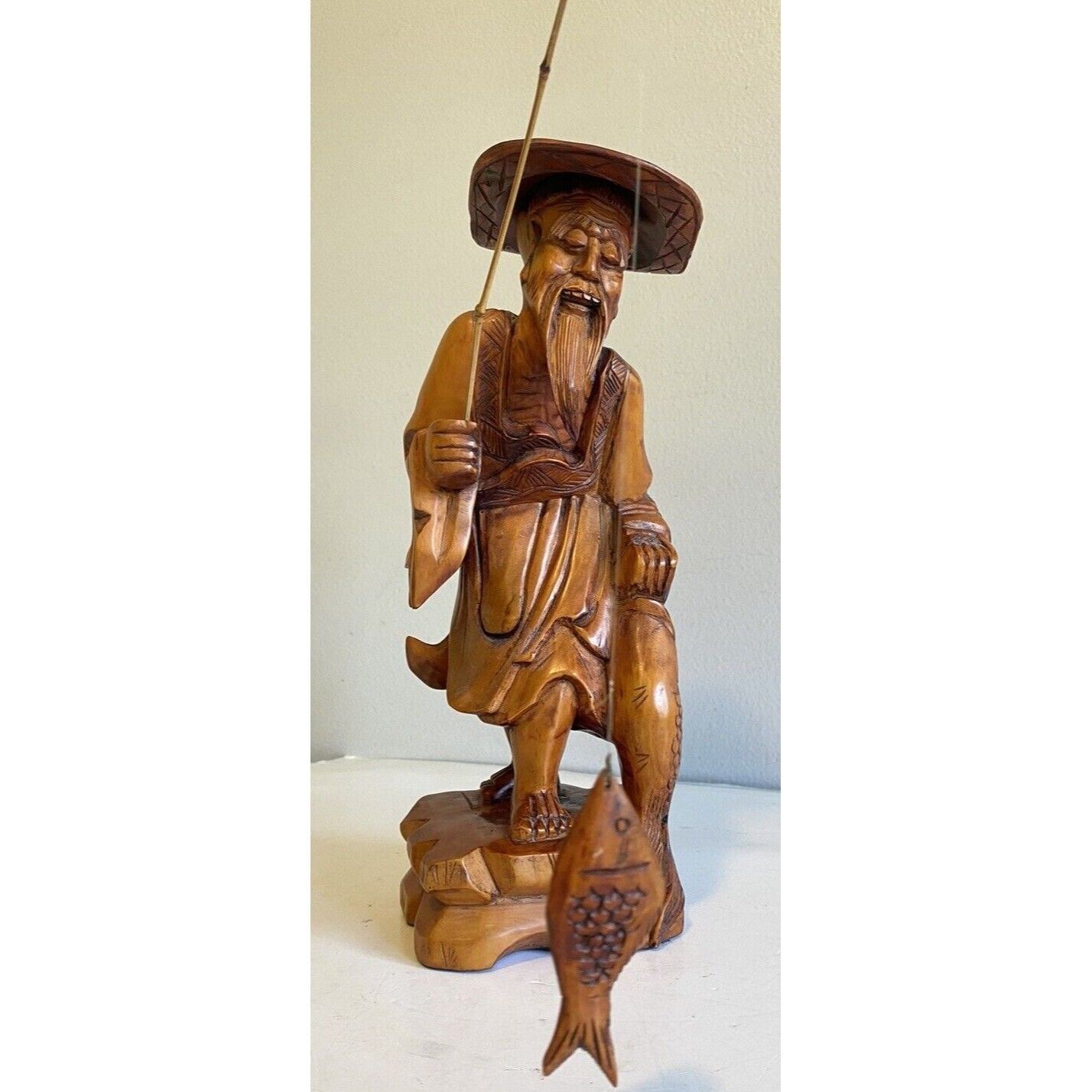 Vintage Hand Carved Old Fisherman With Removable Hat, Fishing Pole And Fish 12\