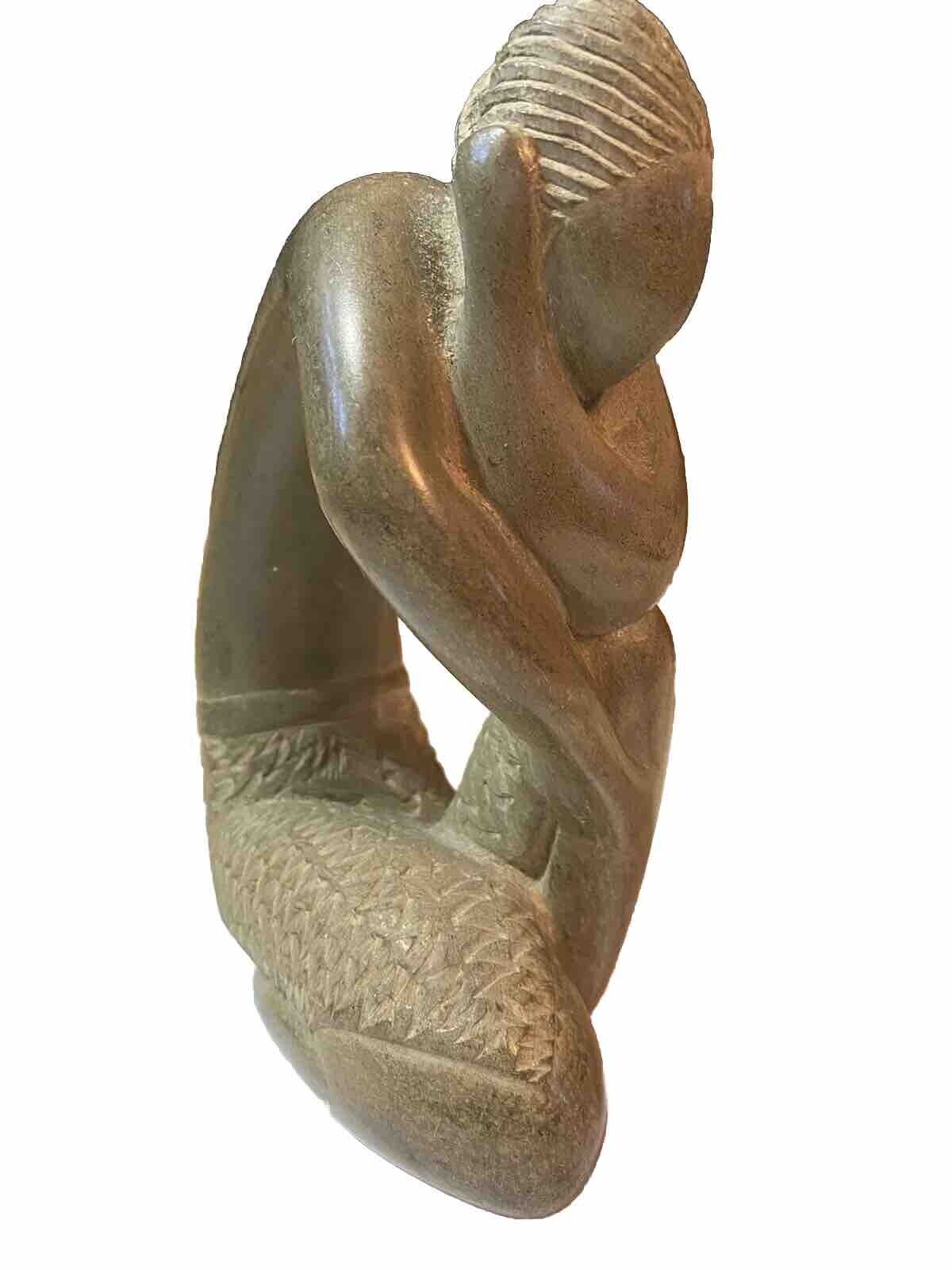 Vintage Modernist Carved Grey Stone Pondering Figurine Man Art Carving Statue