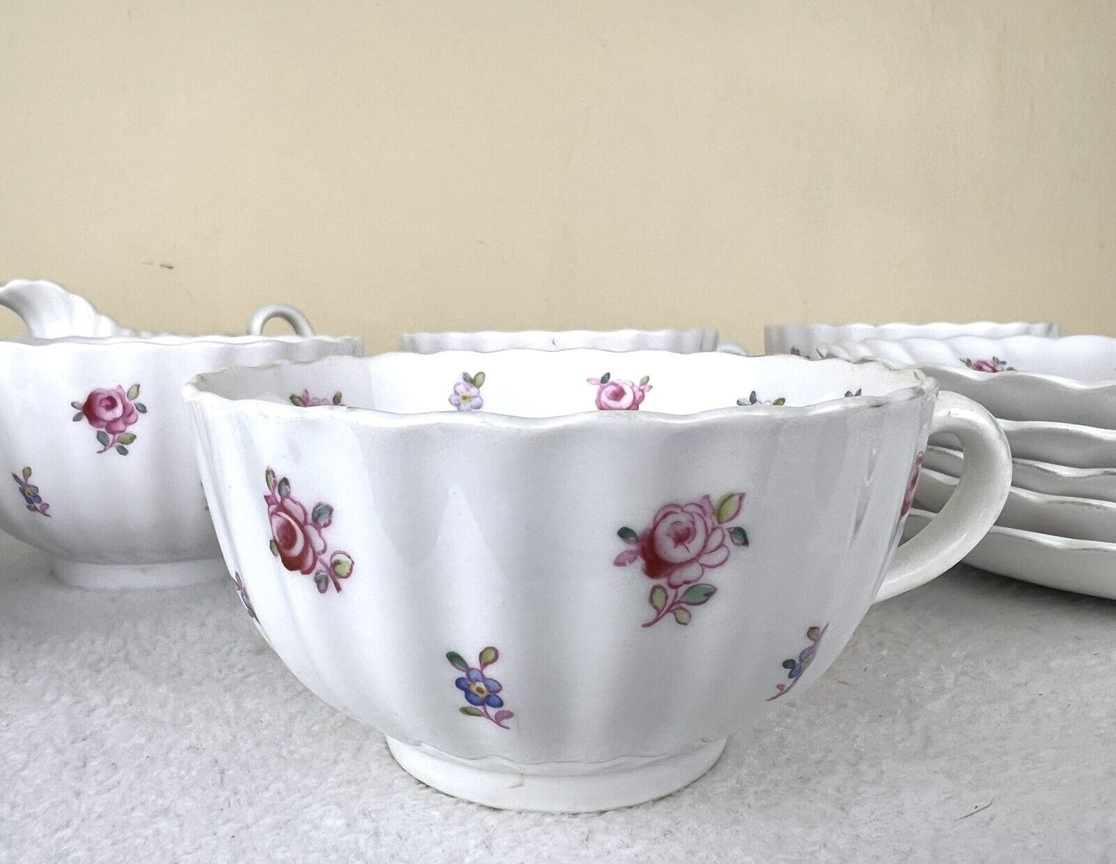 Spode Bone China England Dimity Pattern Teacups And Saucers, Sugar And Creamer