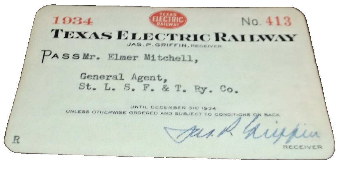 1934 TEXAS ELECTRIC RAILWAY EMPLOYEE PASS #413