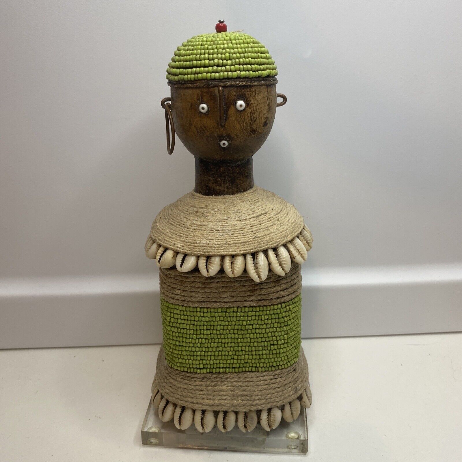Namji Wooden Green Beaded African Doll 8.5” Tall Missing One Earrings