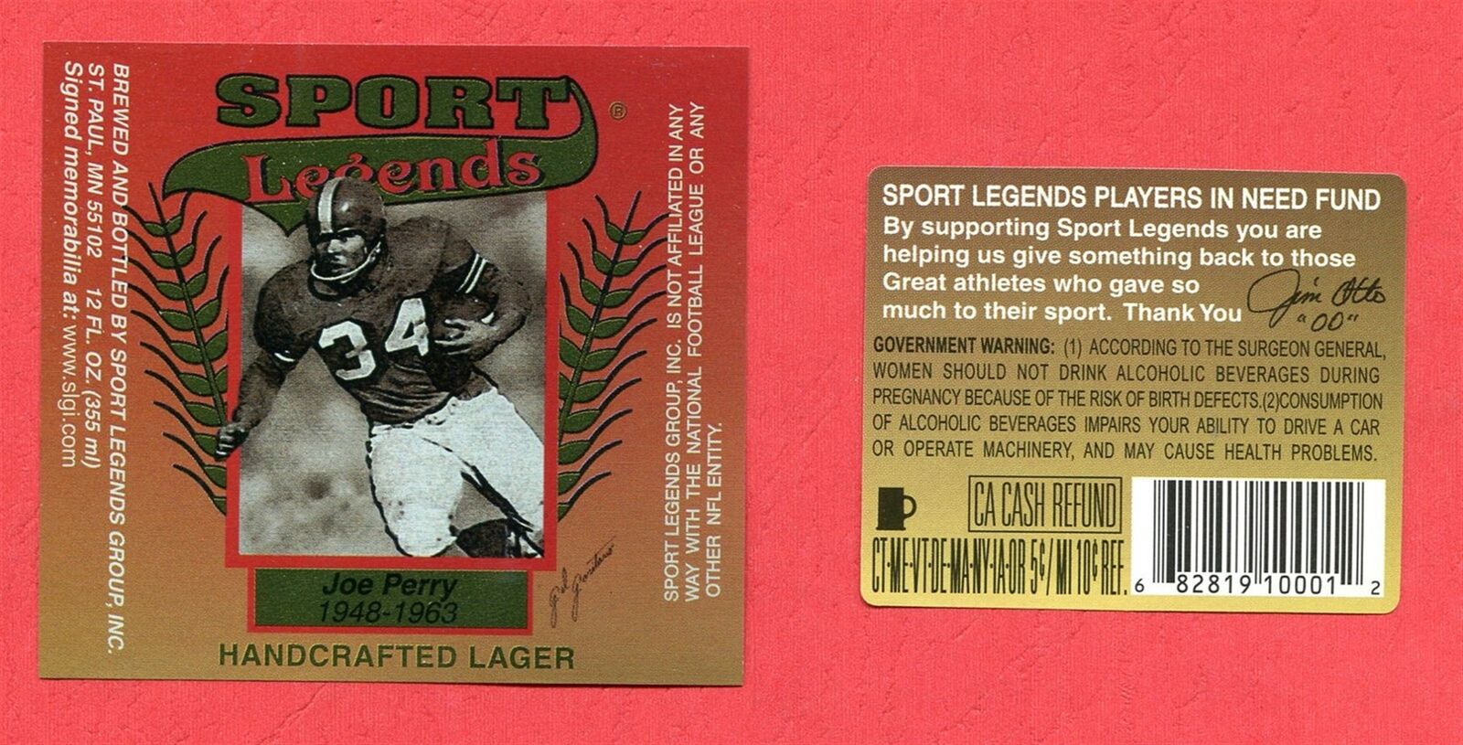 JOE PERRY Football Sport Legends unused Beer Labels