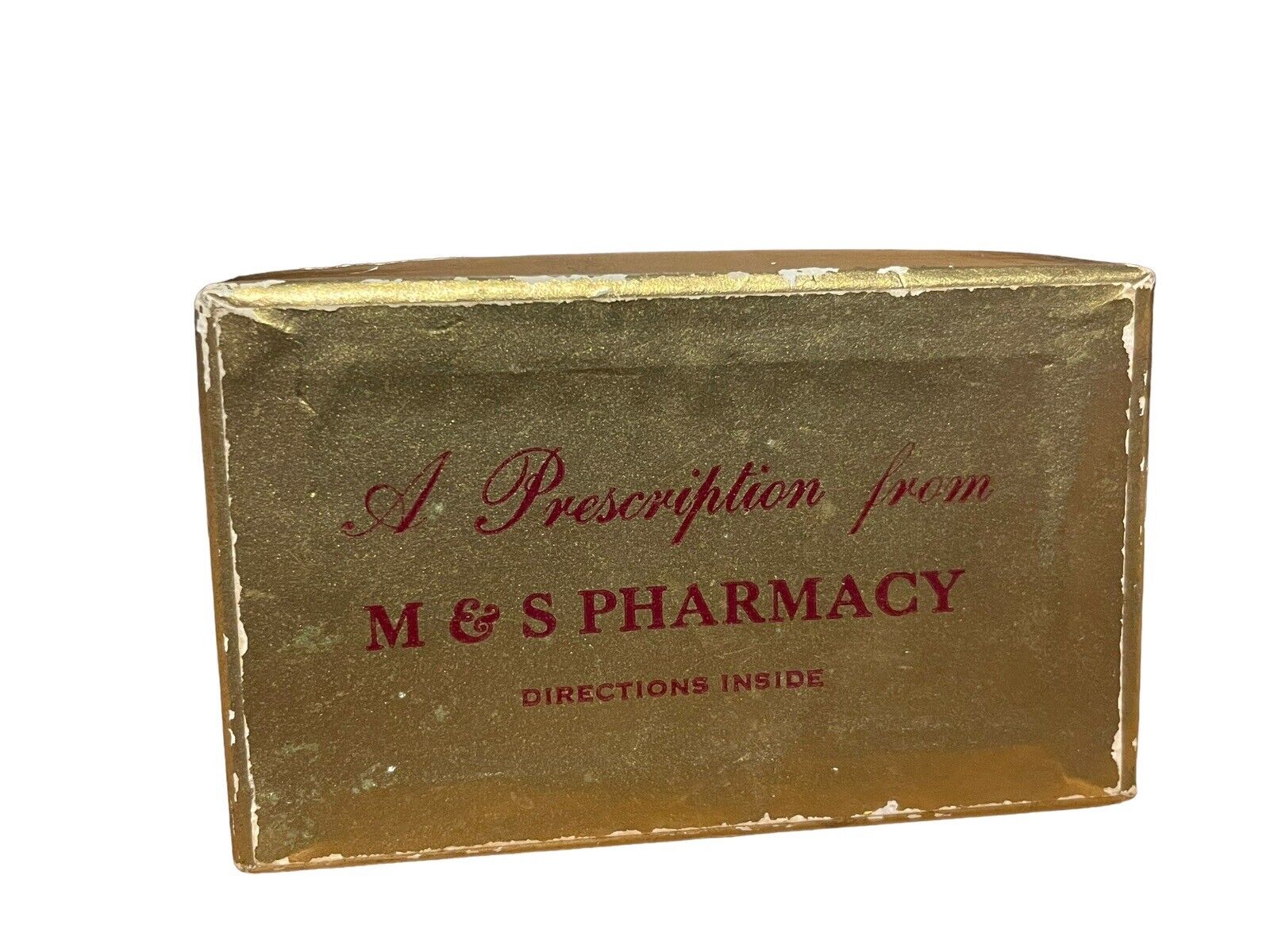 1955 M&S Pharmacy Prescription Box Dallas,TX 4/18/55 Gold Pill Box