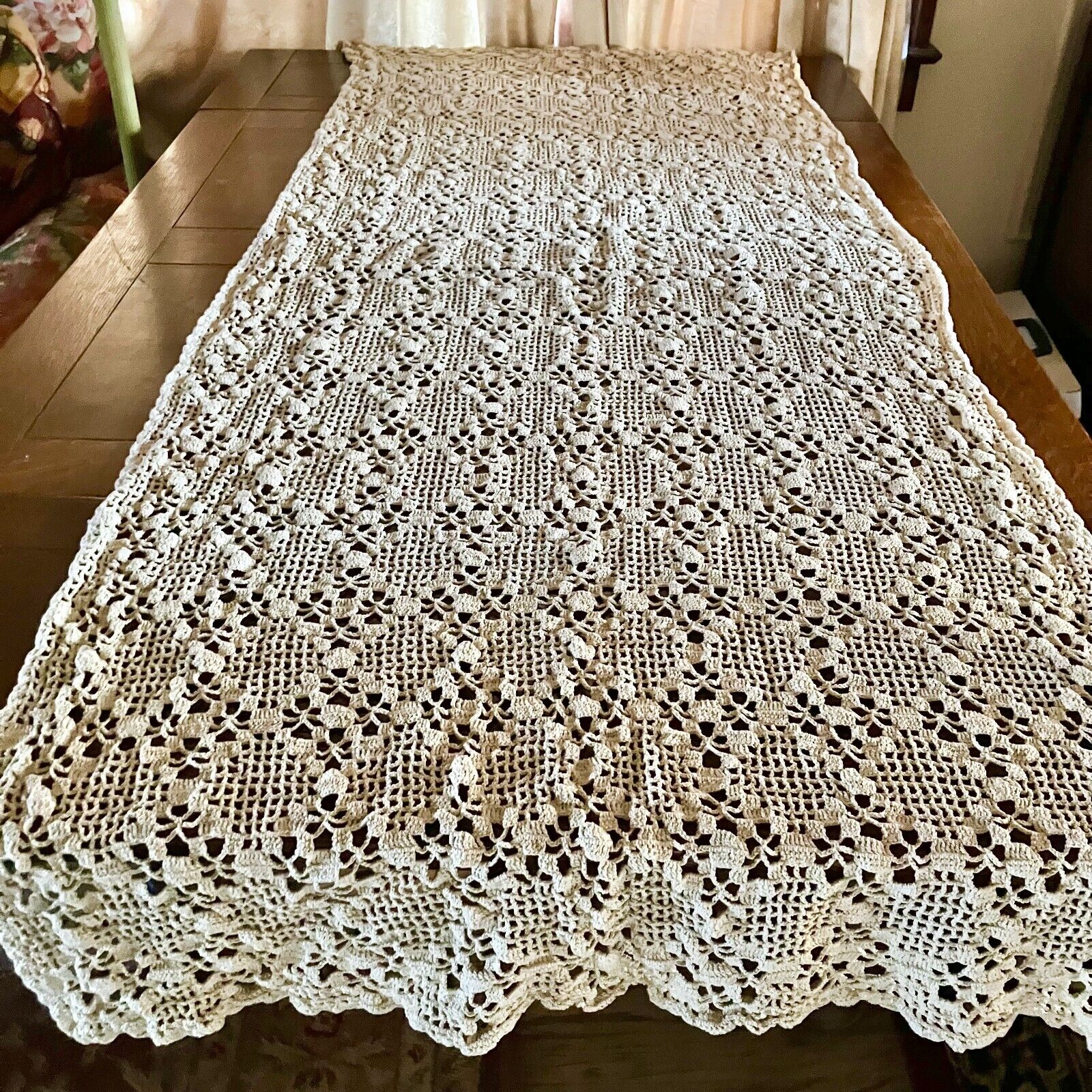 Vintage Long Ecru Crochet Table Runner  32 x 60\