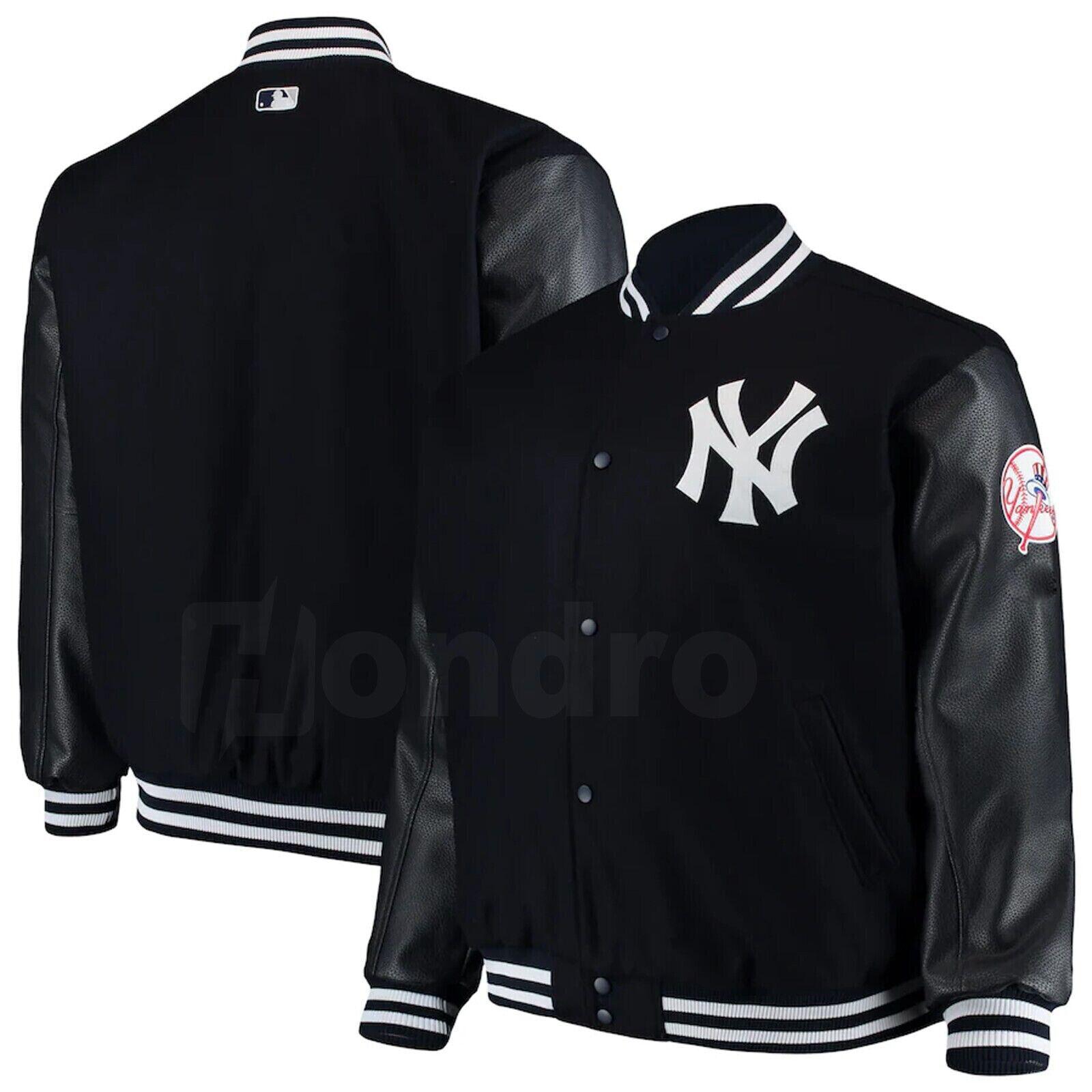 New York Yankees Black Wool & Leather Jacket Full Snap Embroidery logos