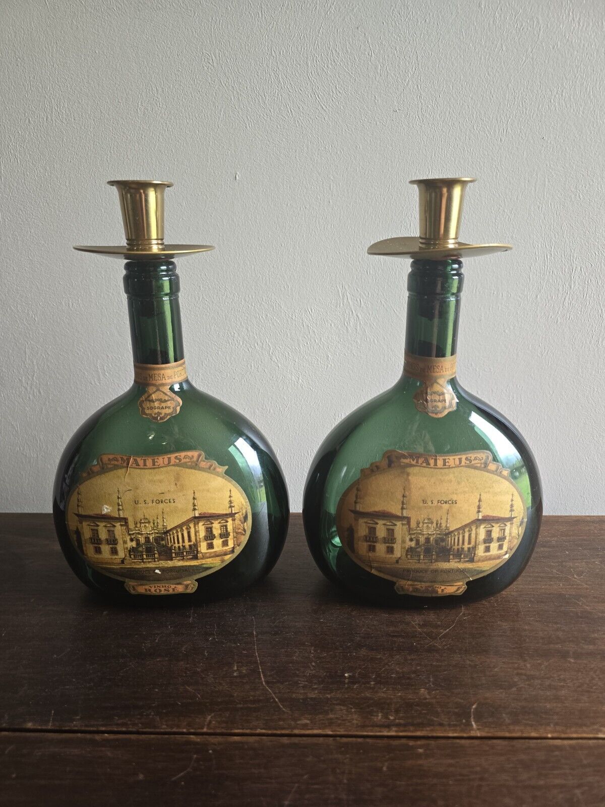 2 VTG Mateus Sogrape Rose Green W/Labels & Candle Holders Wine Bottles 1960\'s