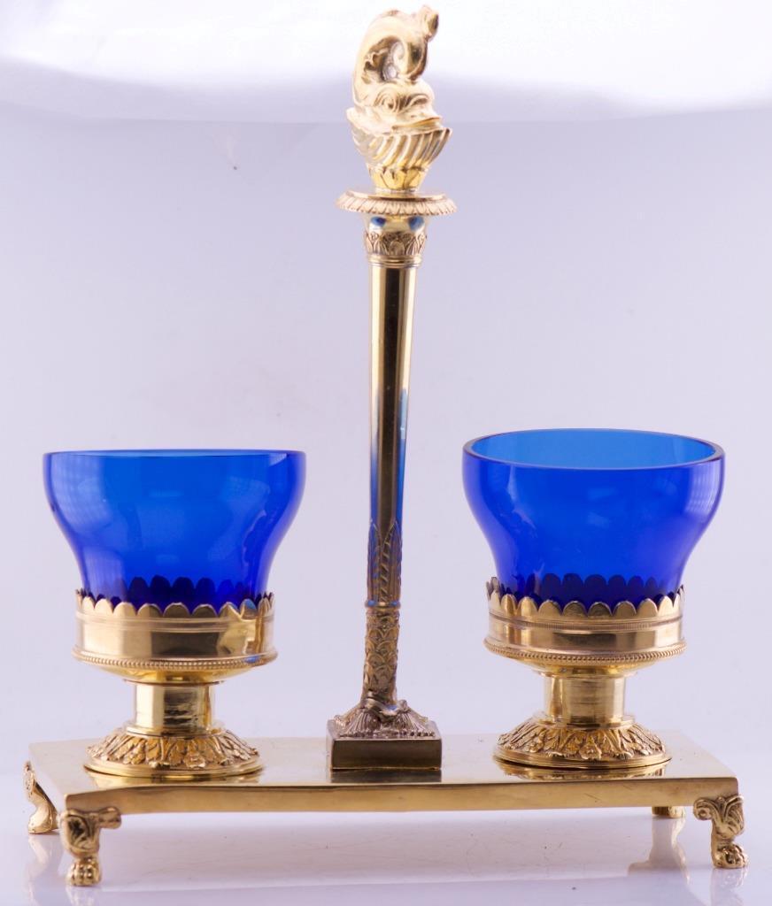 Imperial Tsar's Era Faberge Caviar Holder Empire Gilt Silver Cobalt Blue Crystal