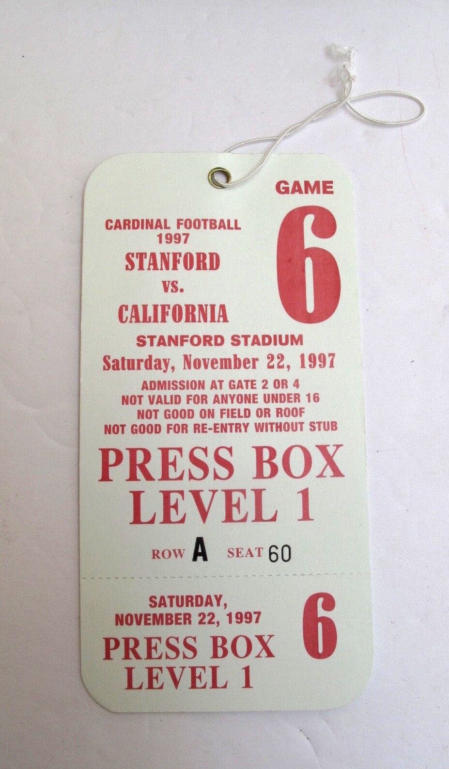 1997 NOV 22 STANFORD CALIFORNIA COLLEGE FOOTBALL PRESS BOX TICKET Unperforated