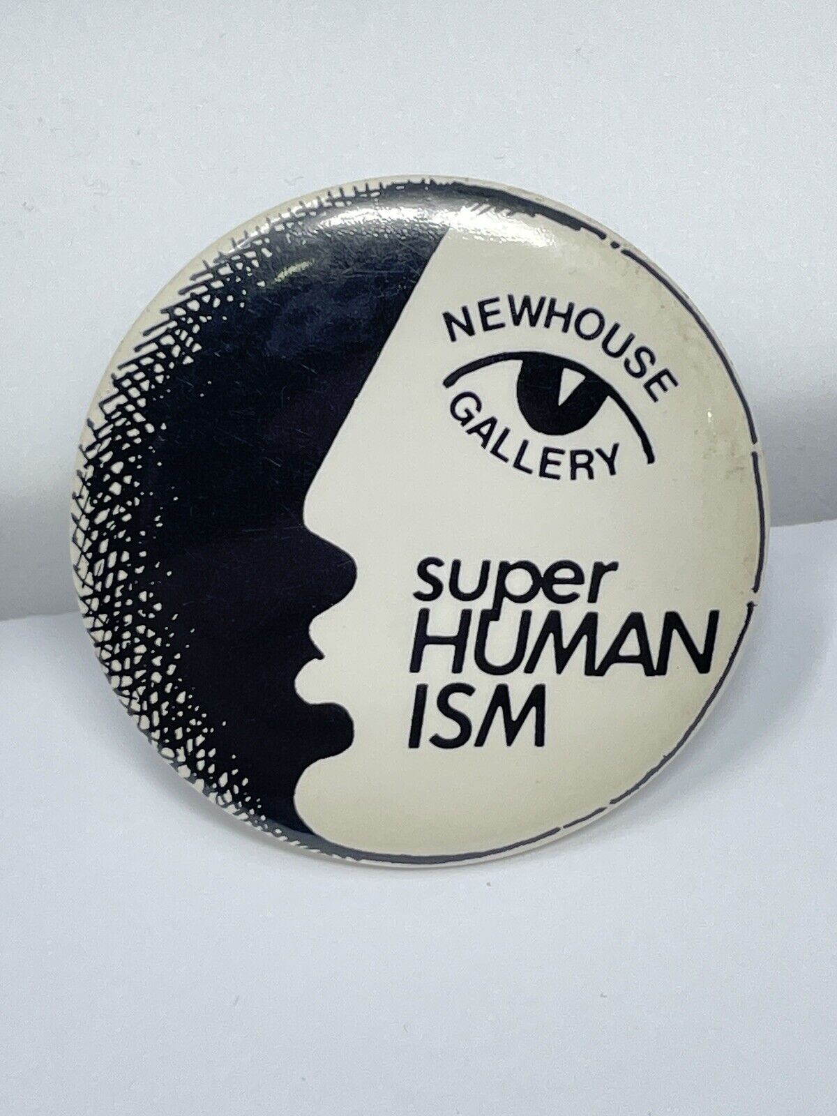 Rare Early 1980s NYC Art Show Pinback Button - Superhumanism - Newhouse Gallery