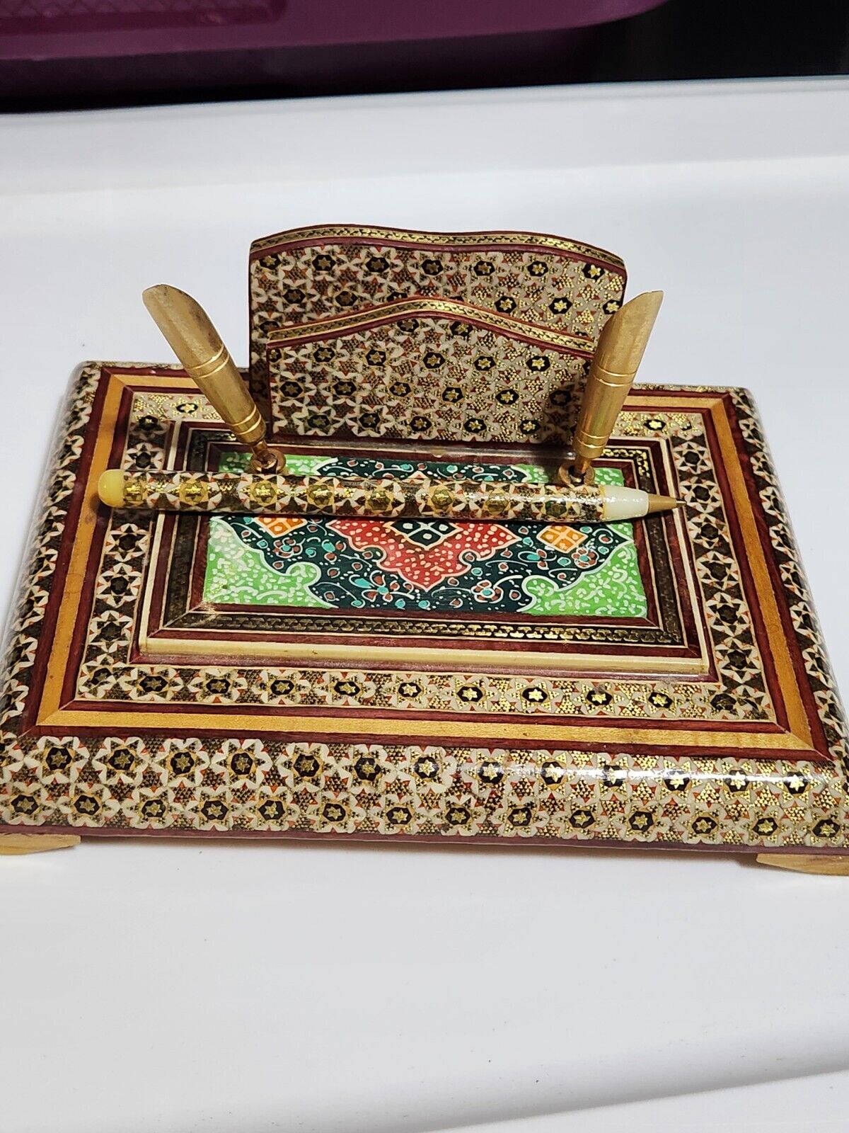 Vintage Persian Khatam Pen Desk Set Hand-Painted Mosaic Inlay Card Holder Paper 
