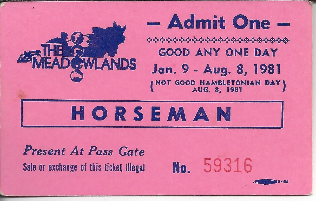 Vintage Horseman Meadowland Ticket Stub Good Only Jan 9-Aug 8, 1981