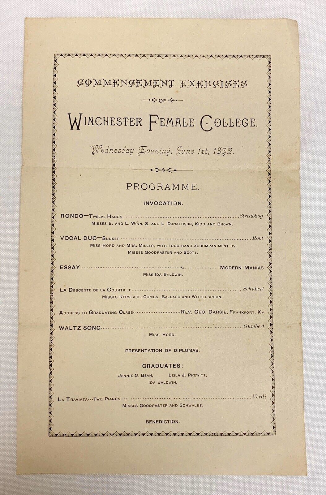 Winchester Kentucky 1892 Female College Commencement Programme Program