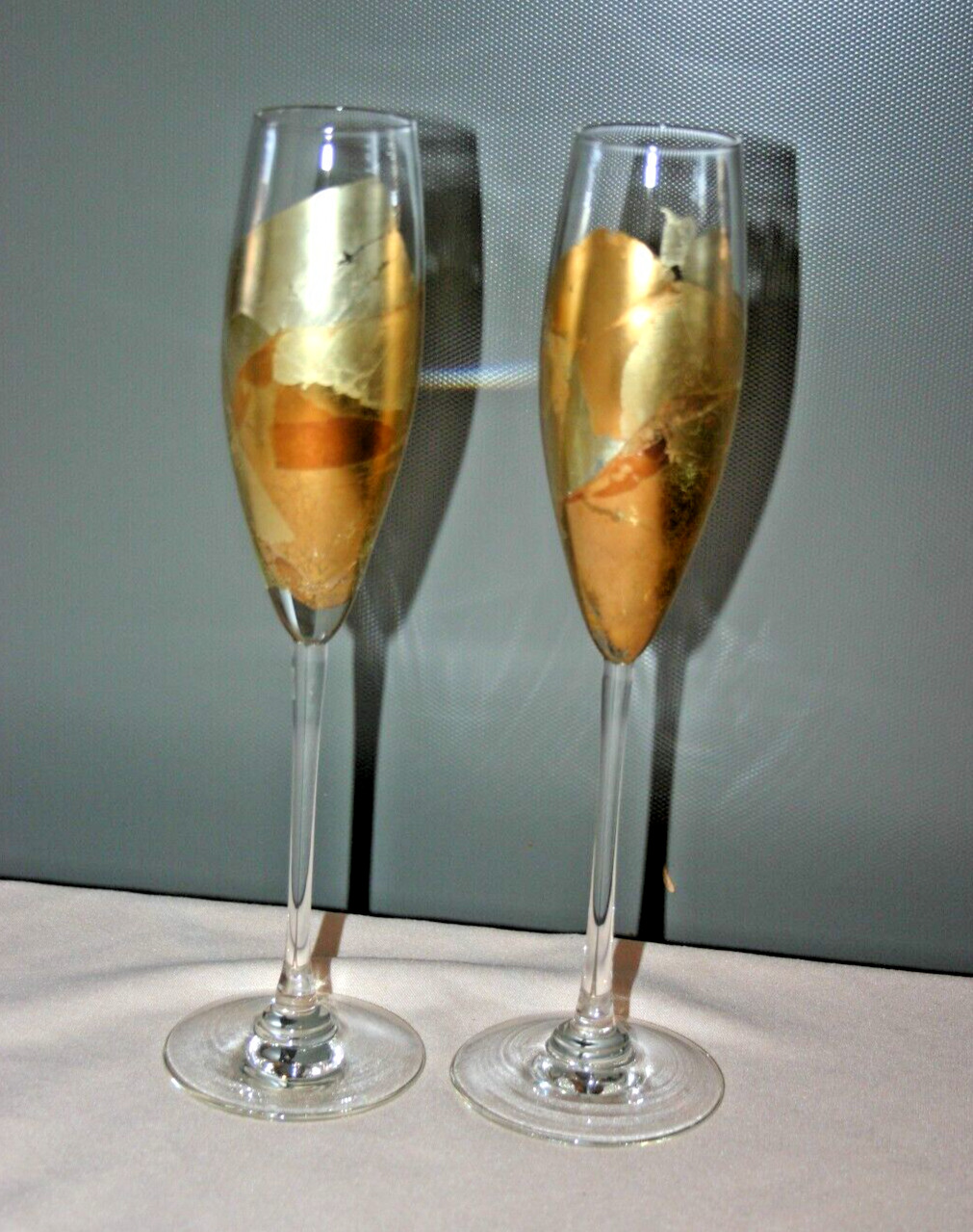Pair Randy Strong 1991 Signed 22k Gold Leaf Champagne Flutes R-638