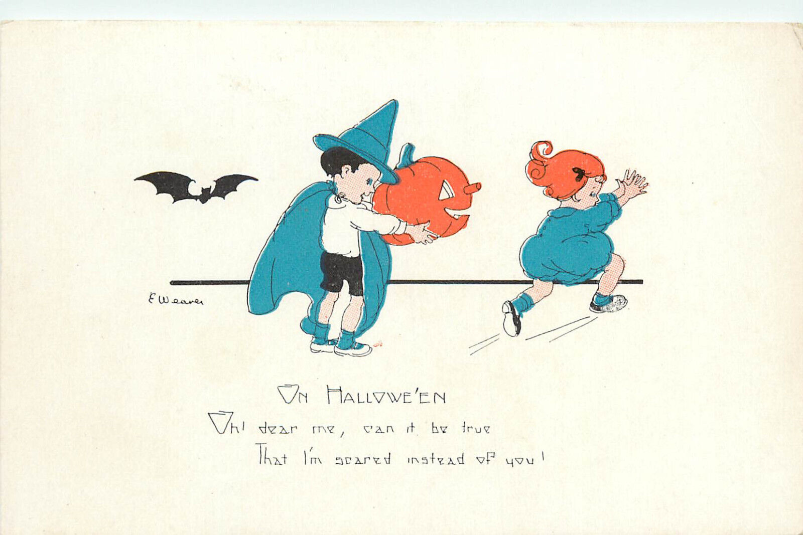 Weaver Halloween Postcard Jack O Lantern JOL Bat Blue Children Ser 2399 #8