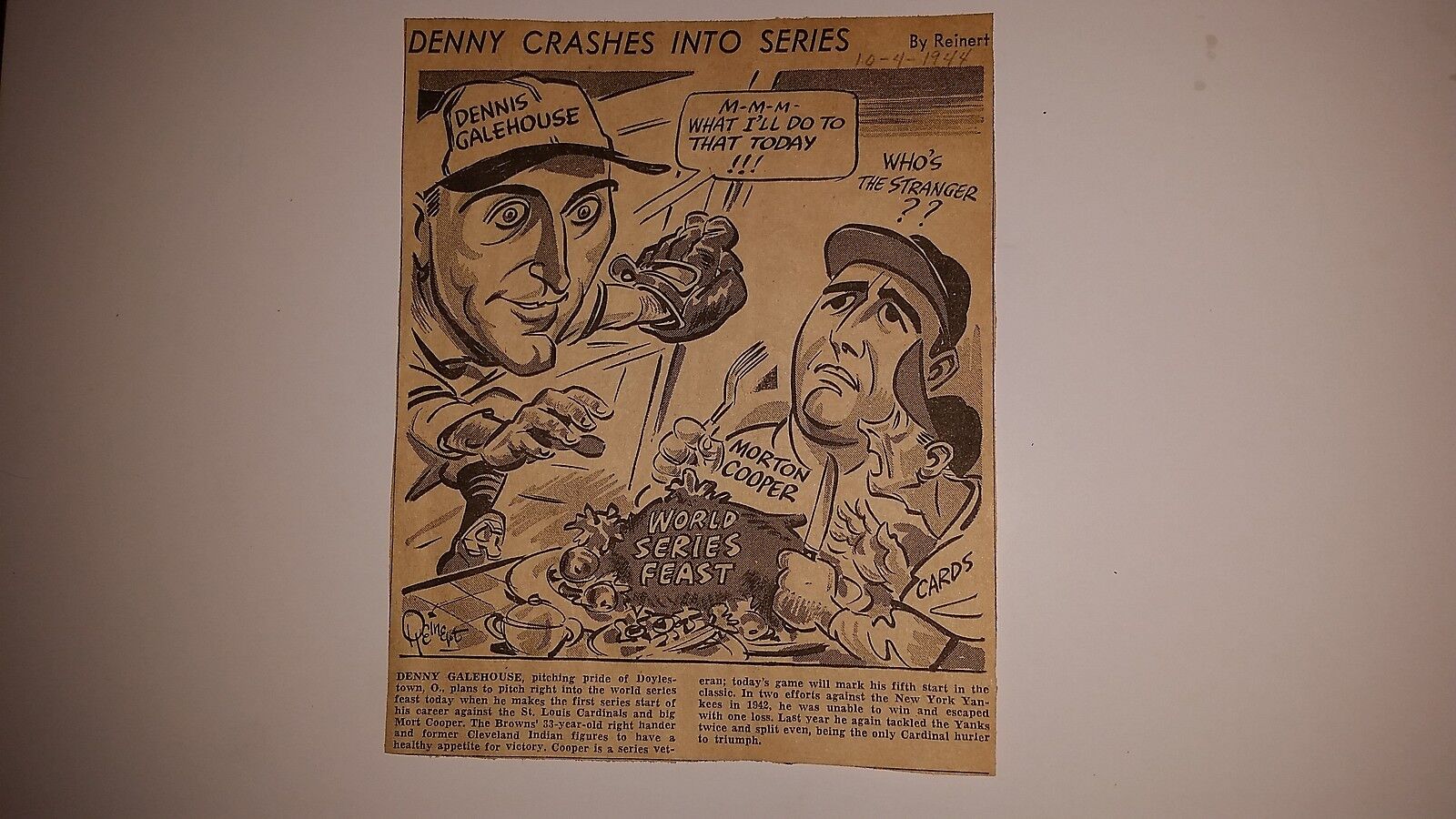 Mort Cooper Denny Galehouse World Series Browns Cardinals 1944 Cartoon Sketch