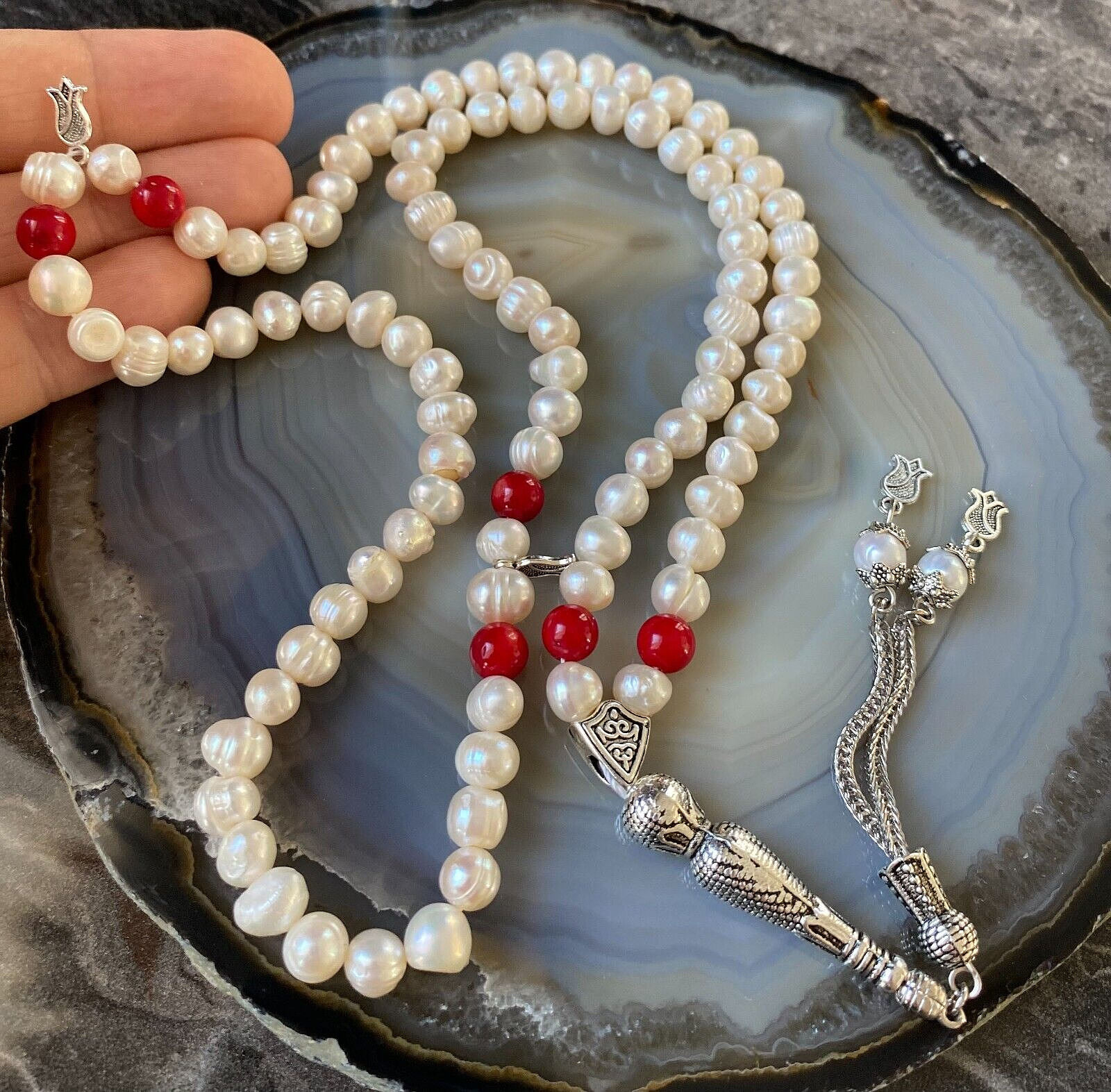 Genuine Pearl Stone Islamic Prayer 99 beads Tasbih, Misbaha, Rosary, Tasbeeh 7mm
