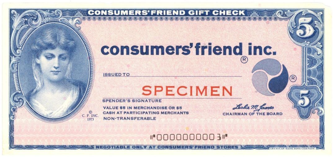 Consumers\' Friend Inc. - dated 1973 American Bank Note Specimen - Loss of Paper 