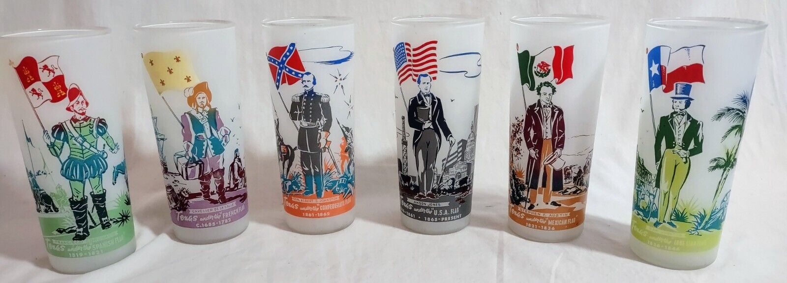 LOT of 6 VTG EUC Knox Oil Company Frosted Glass Tumblers Texas Under Flags Theme