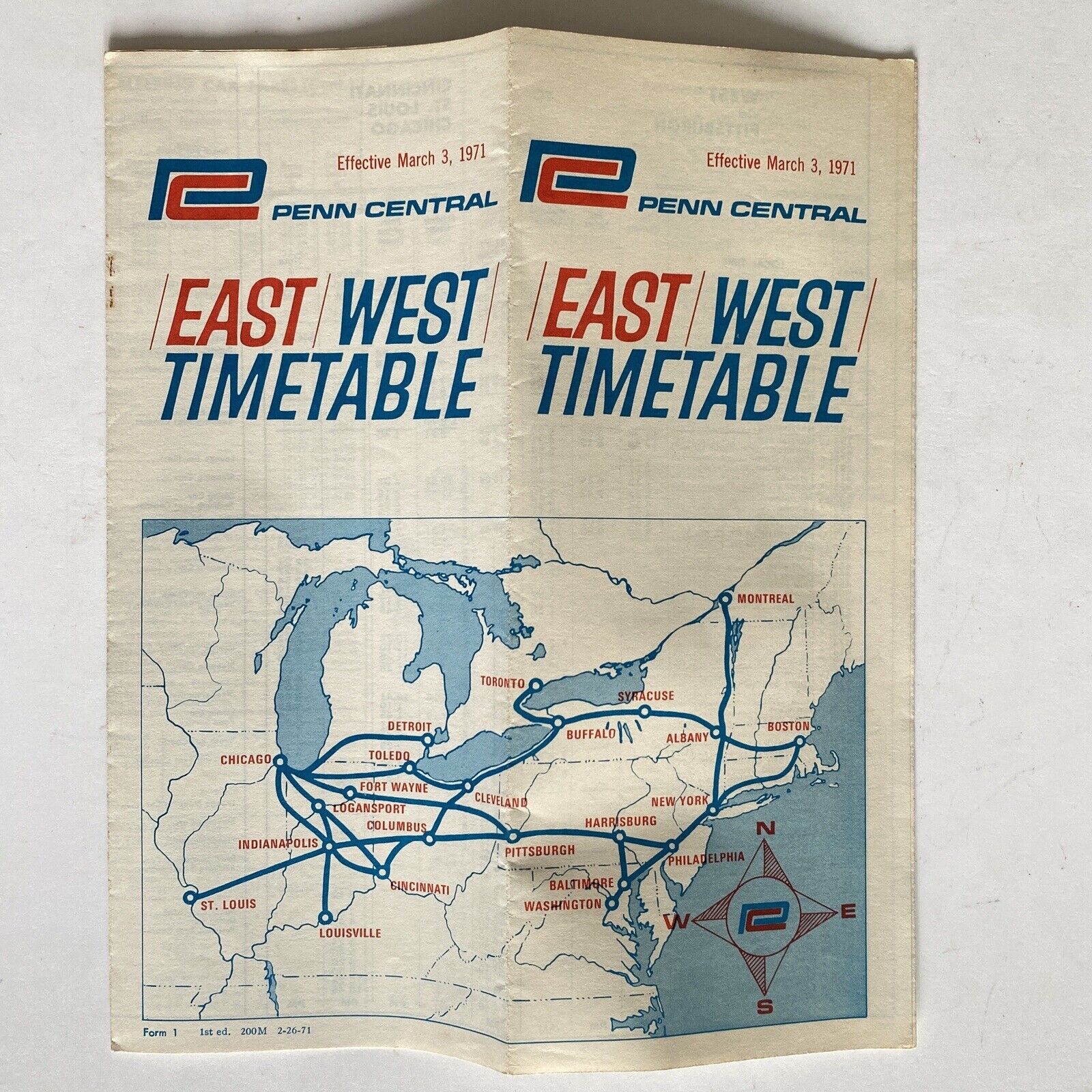 1971 Penn Central Railroad Passenger Train East West Schedule Time Table