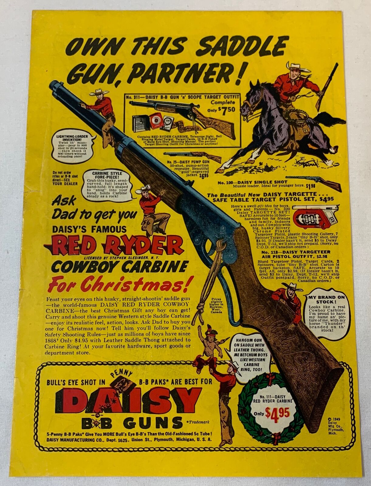1950 Daisy RED RYDER bb gun air rifle ad page ~ OWN THIS SADDLE GUN PARTNER
