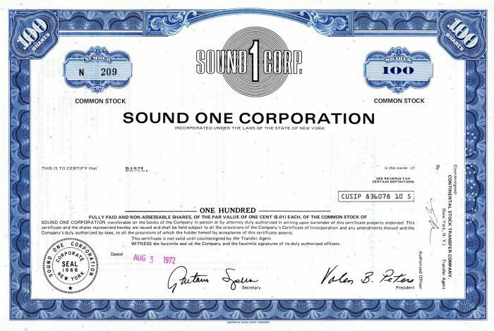 Sound One Corportation - Sound Effects - Stock Certificate - General Stocks