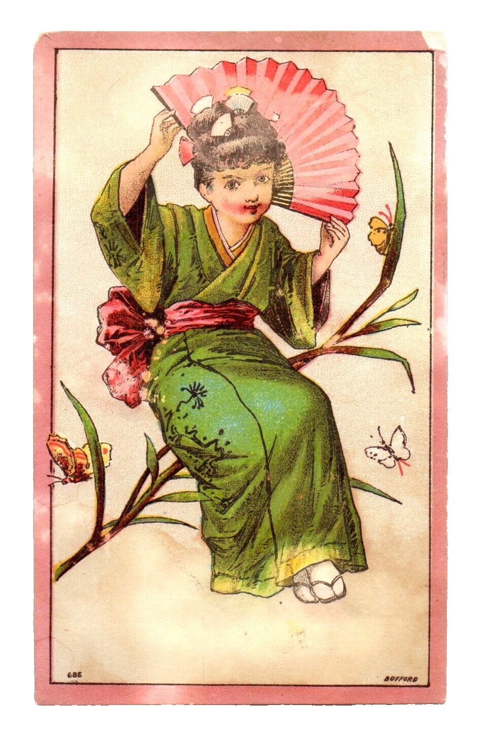RARE c1890 Dr. Swett's Root Beer Trade Card Temperance Drink Japanese Geisha Fan
