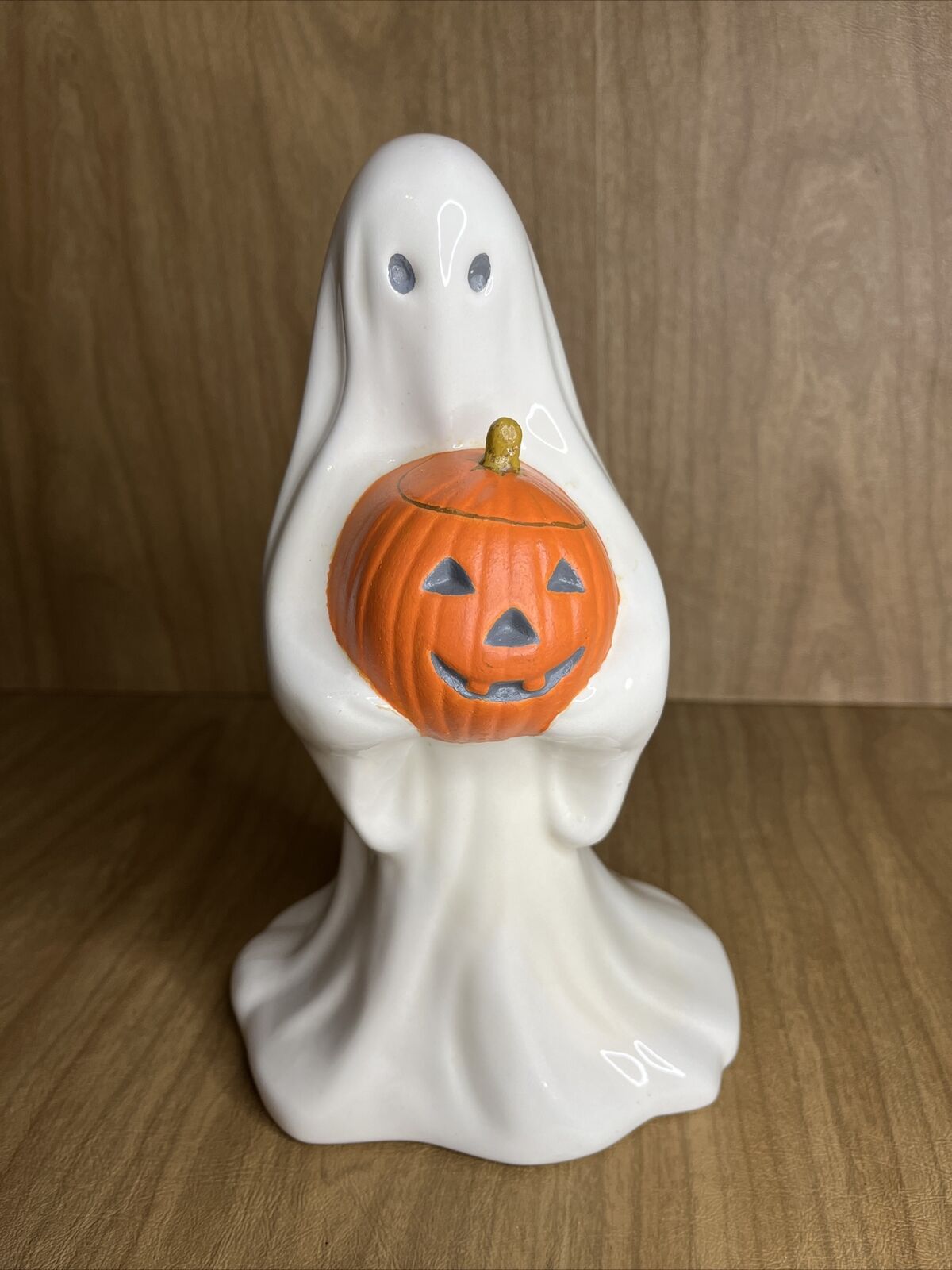 Vintage 1980s Ghost Statue Holding Jack-o-lantern Ceramic Homemade Hand Painted