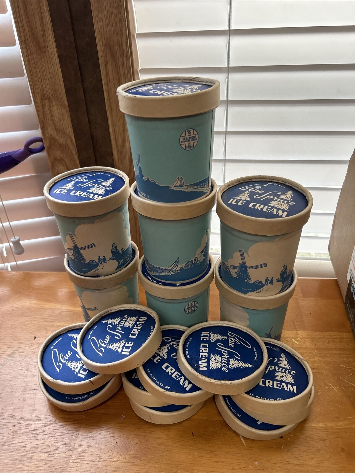 Lot of Old Blue Spruce Ice Cream ADVERTISING CONTAINERS w/ Lids PORTLAND, ME