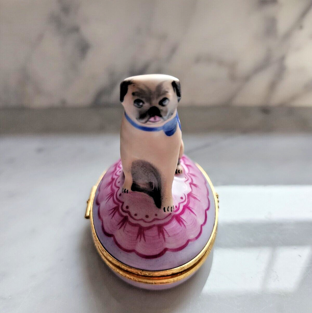 Authentic Artoria Hand Painted Porcelain Limoges Trinket Box-Pug Dog Pink NEW