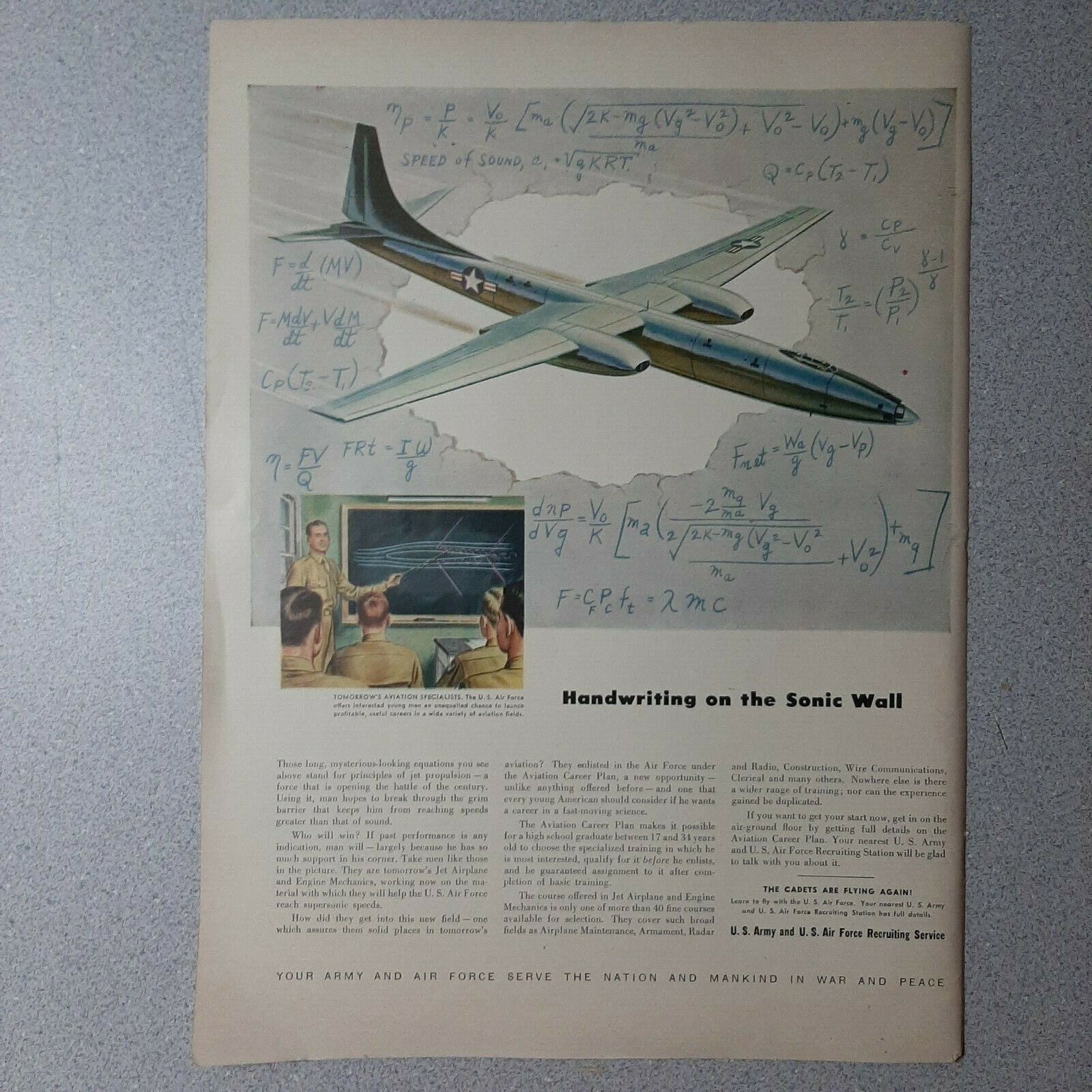 1948 US Army Vintage Print Ad Air Force Recruiting Service Jet Bomber Classroom