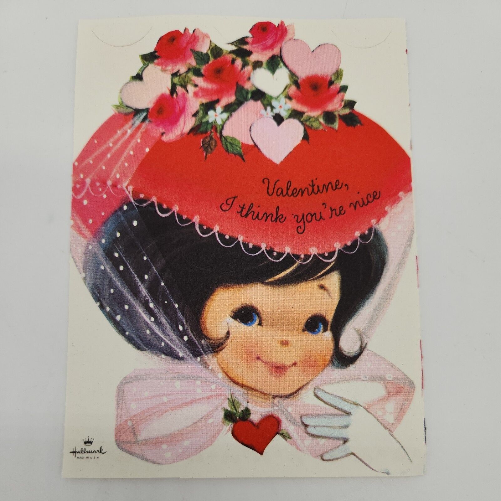 Vintage Hallmark 1960s Girls Valentines Day Card Brunette In Red Hat w Roses NOS