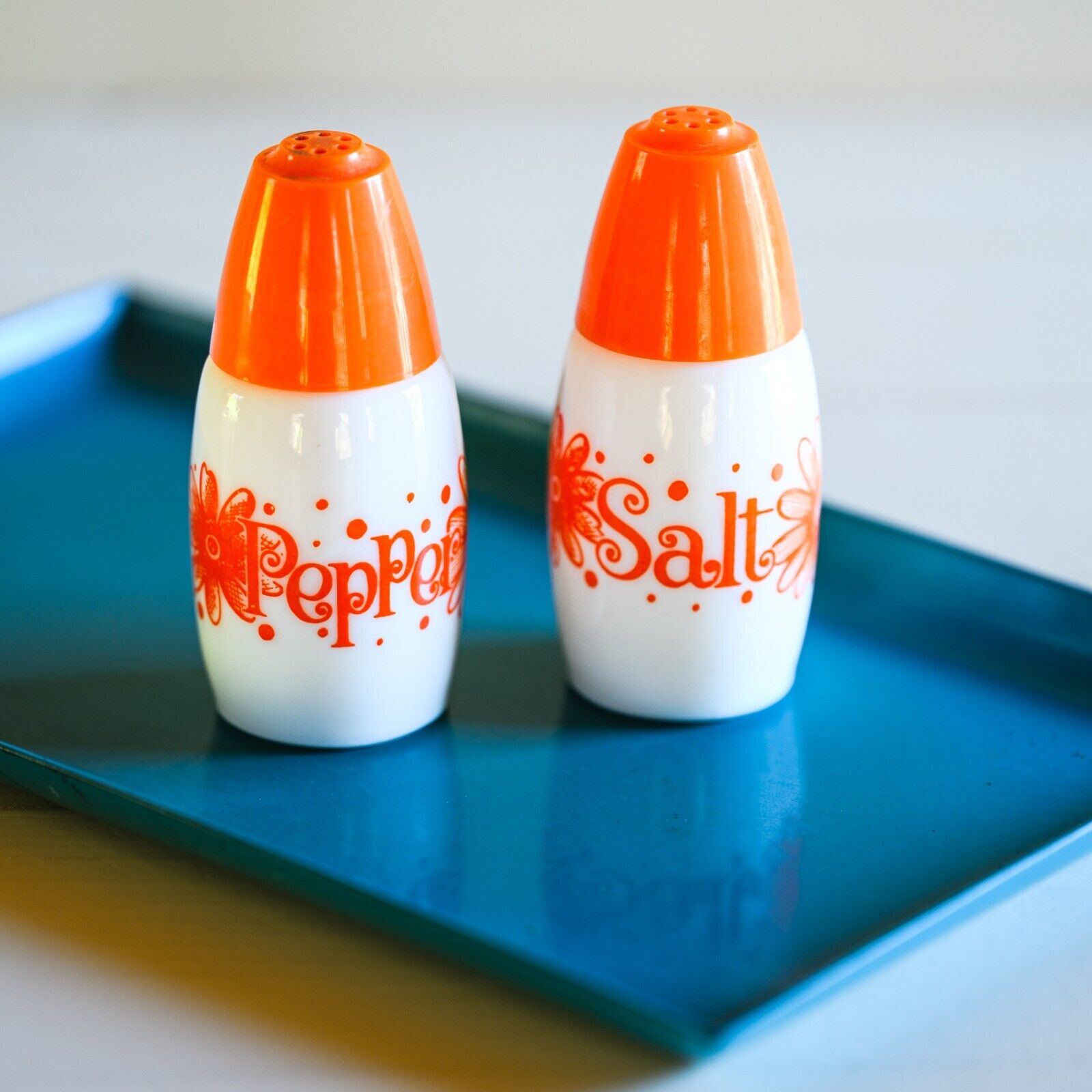 Vintage 70s Gemco Westinghouse Milk Glass Salt and Pepper Shakers Orange Floral