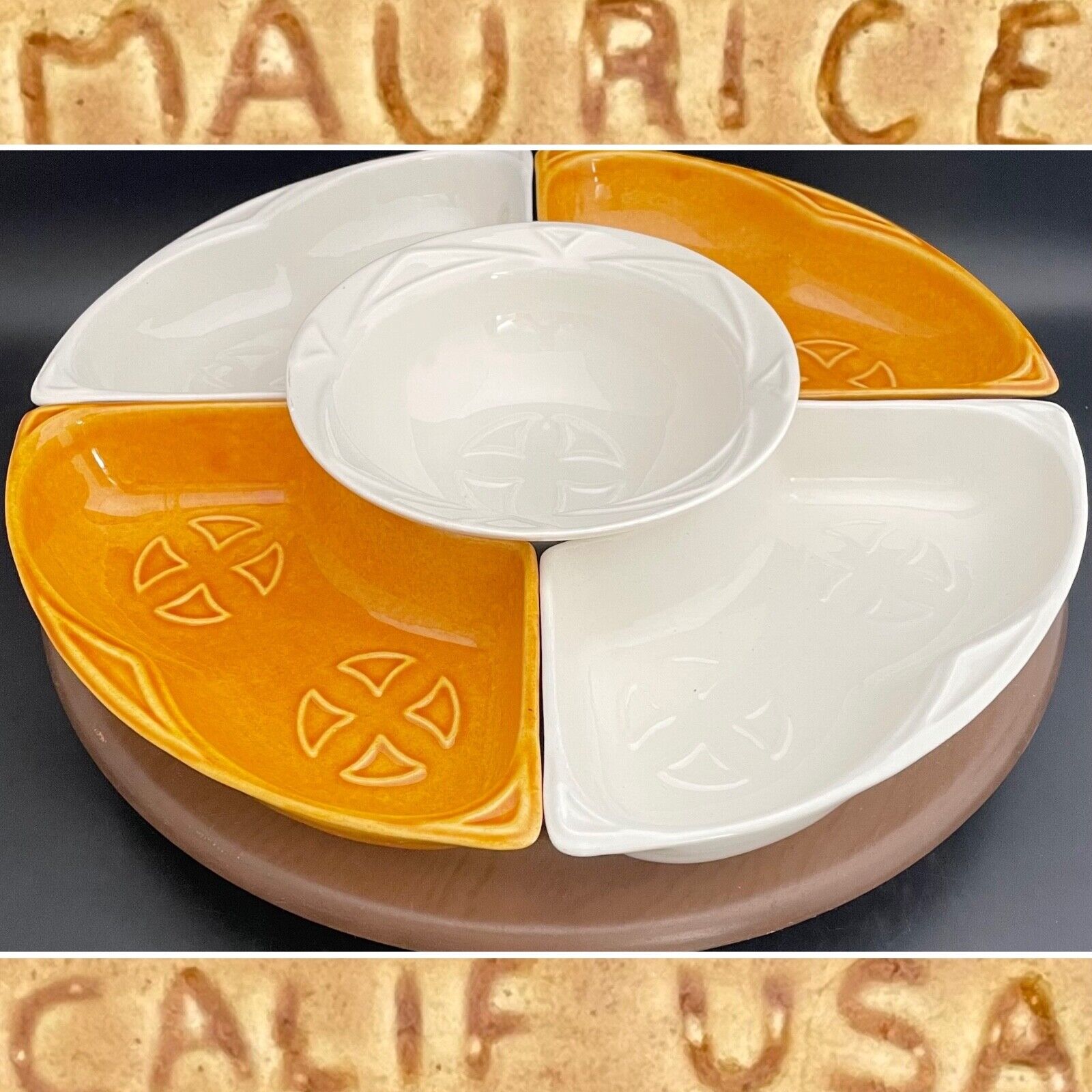 Maurice Ceramics of California White Gold Lazy Susan Snack Set S-14 USA 14\