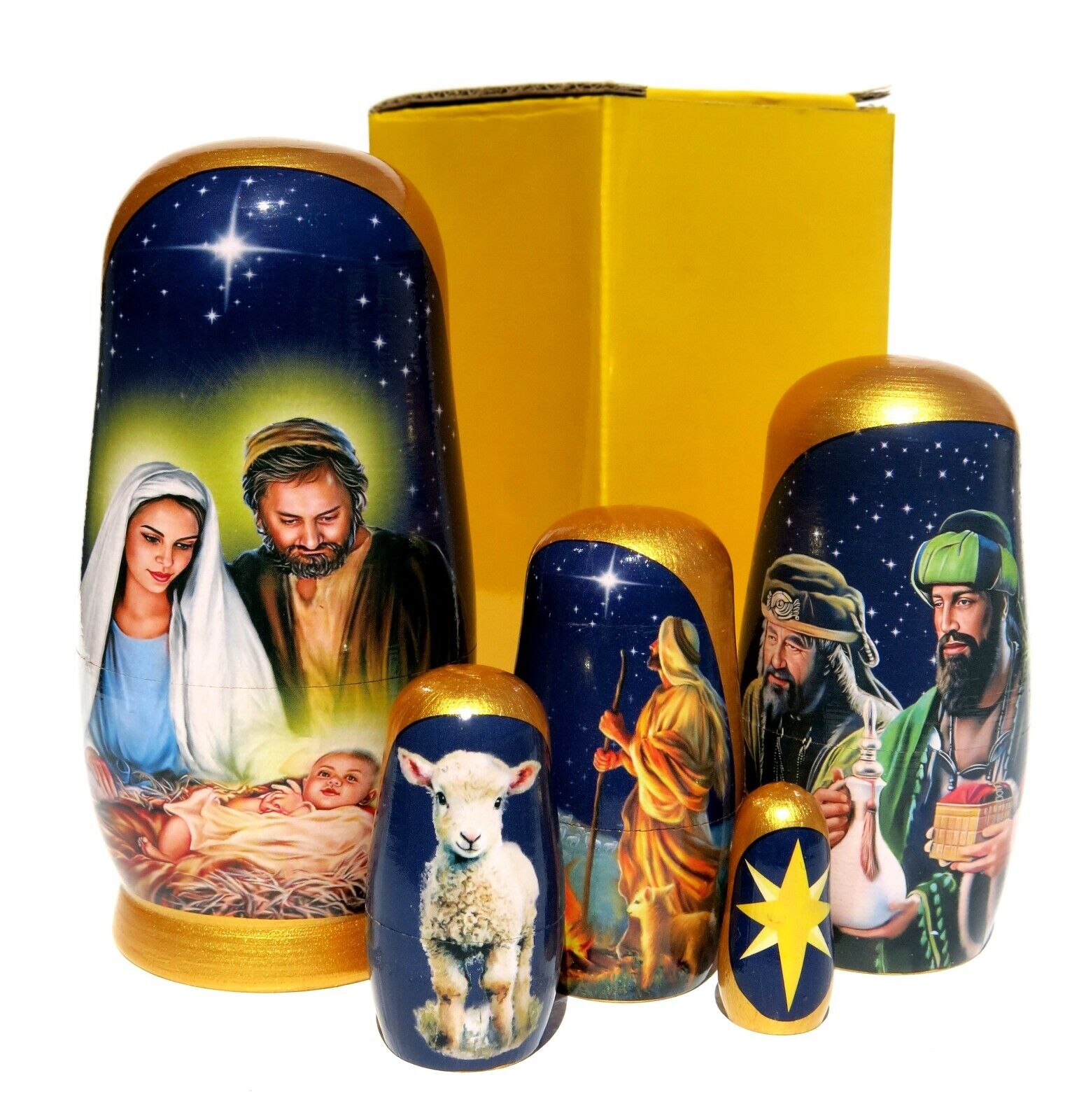 Nativity 5 PC Russian Style Nesting Dolls, Stacking Toy Jesus Nativity Egg Set