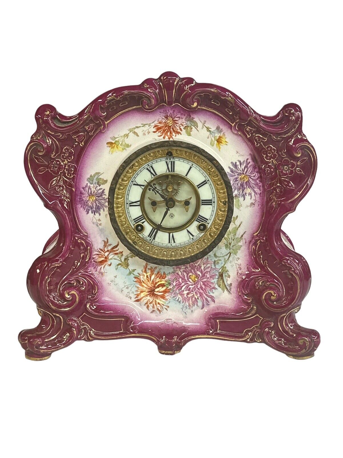 ANSONIA La Cantal  Royal Bonn Victorian Open Escapement Porcelain Mantel Clock