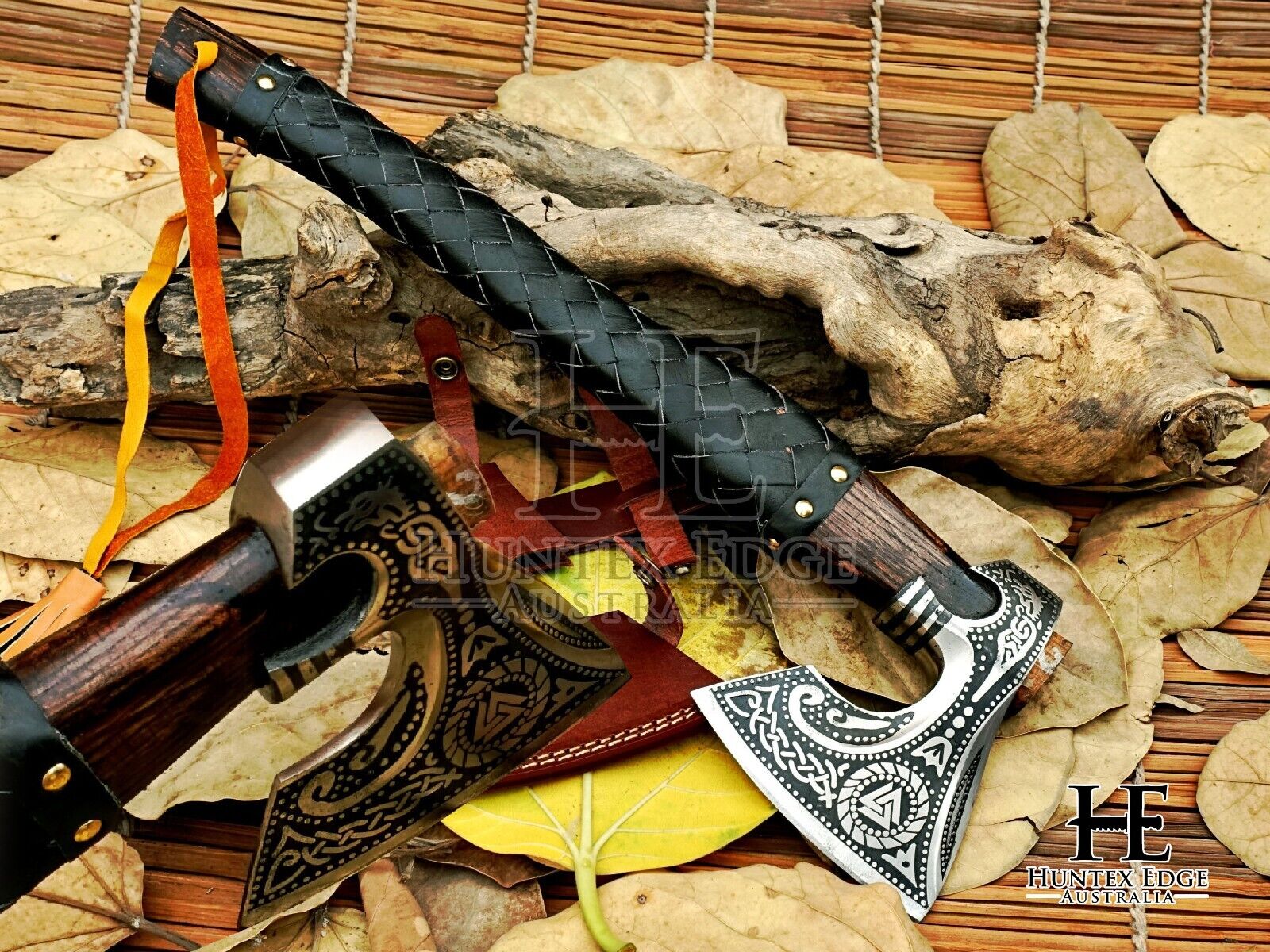 HUNTEX Handmade Carved 1095 Forged Carbon Steel Blade, 445mm Long Camper Hatchet