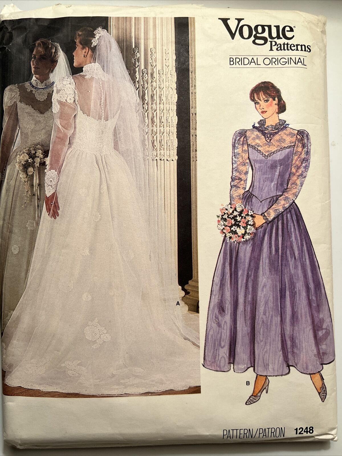 Vintage 80s Vogue Pattern 1248, Bridal Wedding Gown Dress size 16 Sheer Princess