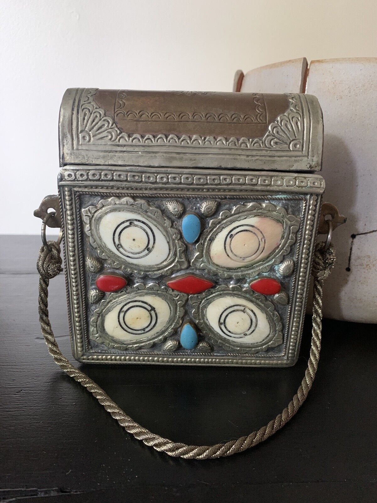 Vintage Moroccan Koran Box Copper Brass Turquoise Red Coral Stones
