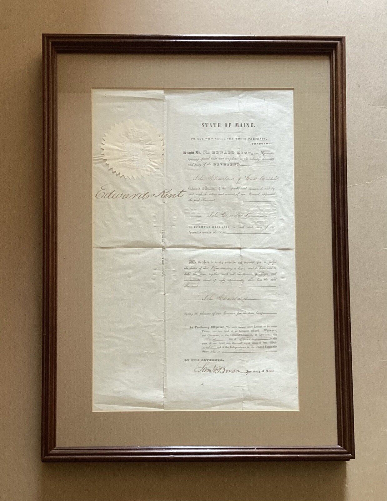 1838 Signed Appoint. Edward Kent (Gov.) By Secretary Of State, Sam Benson