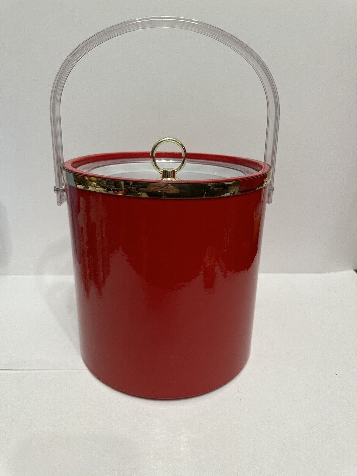 Vintage MCM Red Ice Bucket with Acrylic Lid and Gold Rim