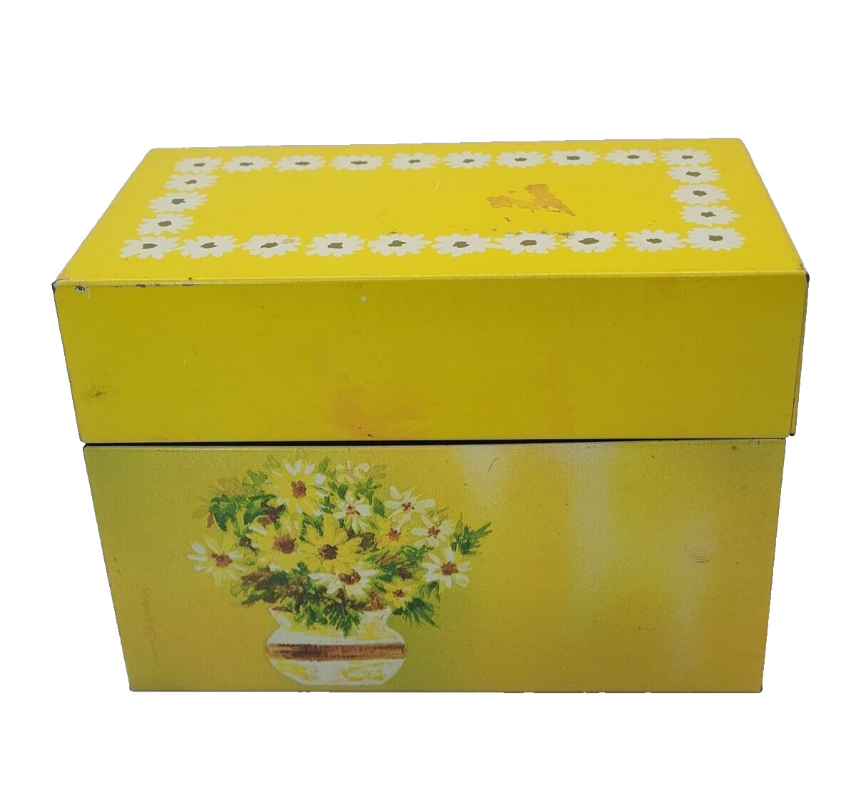 Vintage Ohio Art Metal File Card Recipe Box Yellow Daisy Daisies Floral Vase