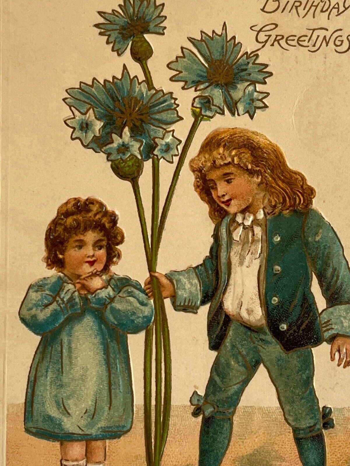 Atq 1908 Ephemera Postcard Birthday Wishes Edwardian Era Boy Girl Blue Posies