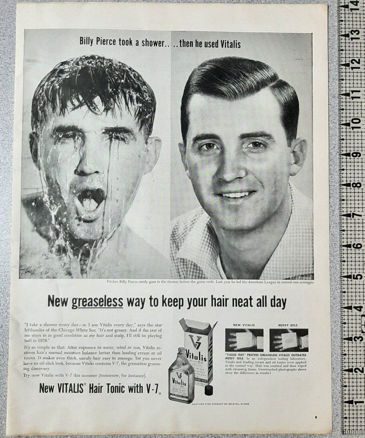 1956 Vitalis Vintage Print Ad Hair Tonic Billy Pierce Chicago White Sox Grooming