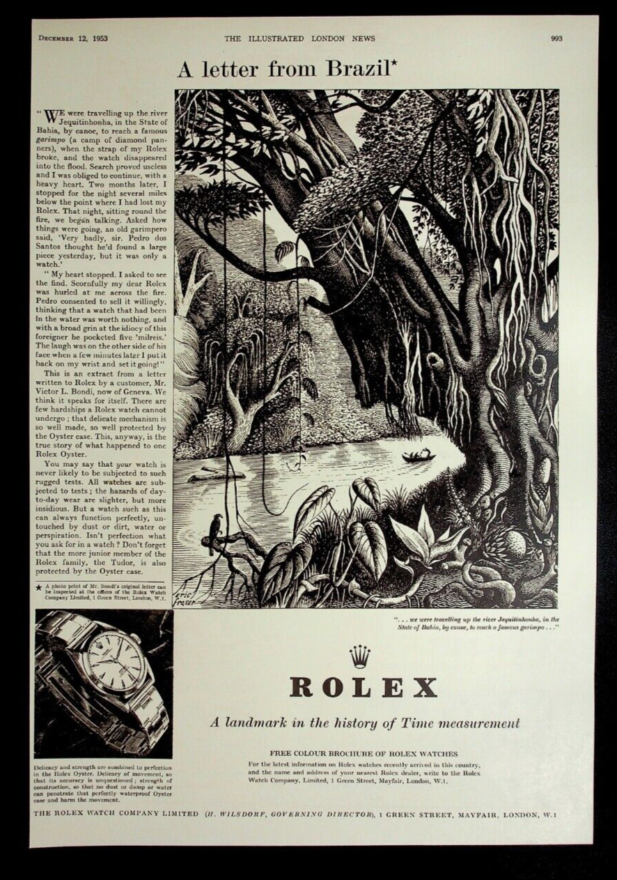 1953 Paper Advert, Rolex Oyster Watch, A Letter from Brazil, Jungle Scenery, rf2
