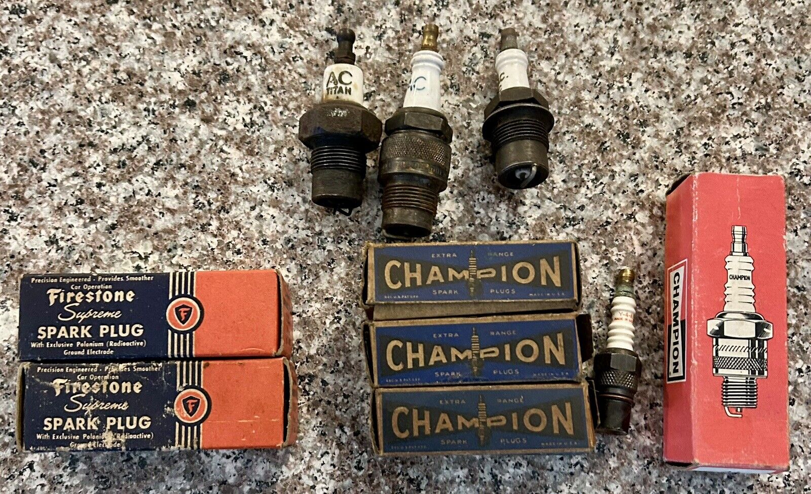 Antique Lot of 10 Champion, Firestone & AC Spark Plugs Most In Original Boxes
