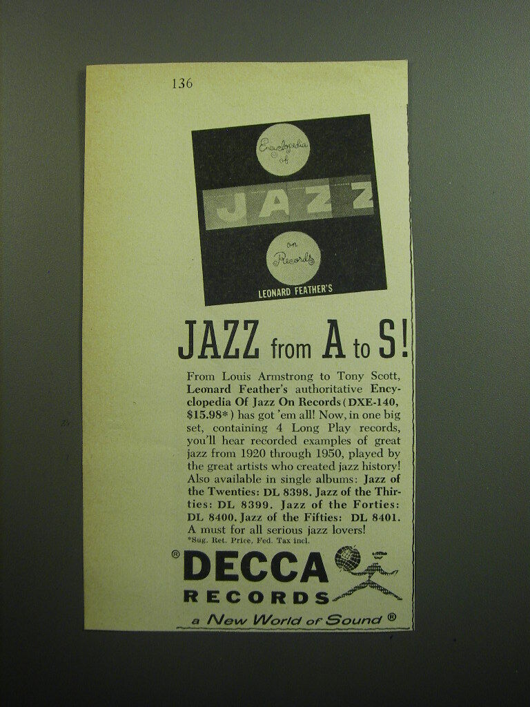 1957 Decca Records Album Ad - Leonard Feather\'s Encyclopedia of Jazz on Records