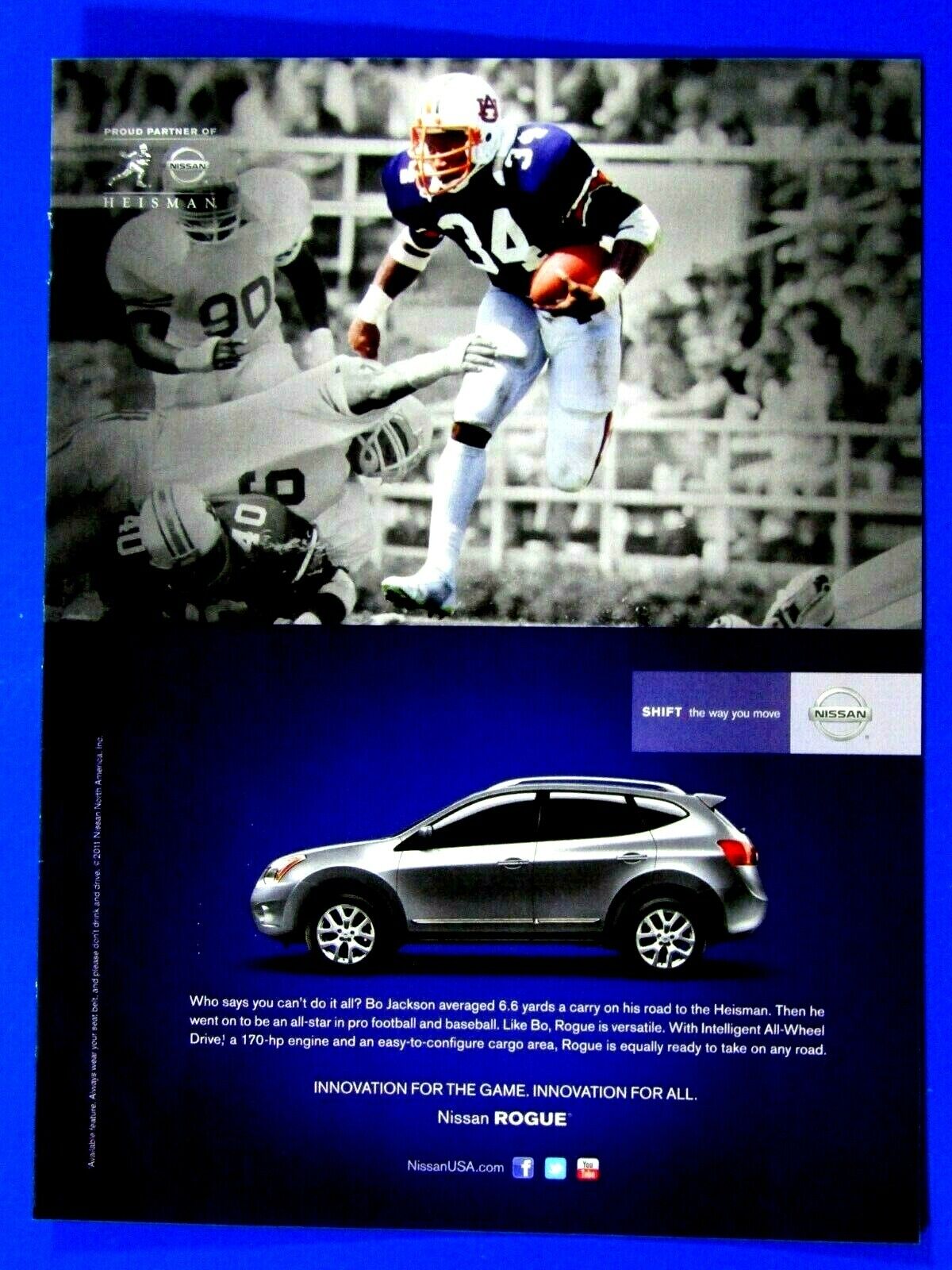 Bo Jackson-Auburn-Heisman WInner- 2011 Nissan Rogue-Original Print Ad 8.5 x 11\
