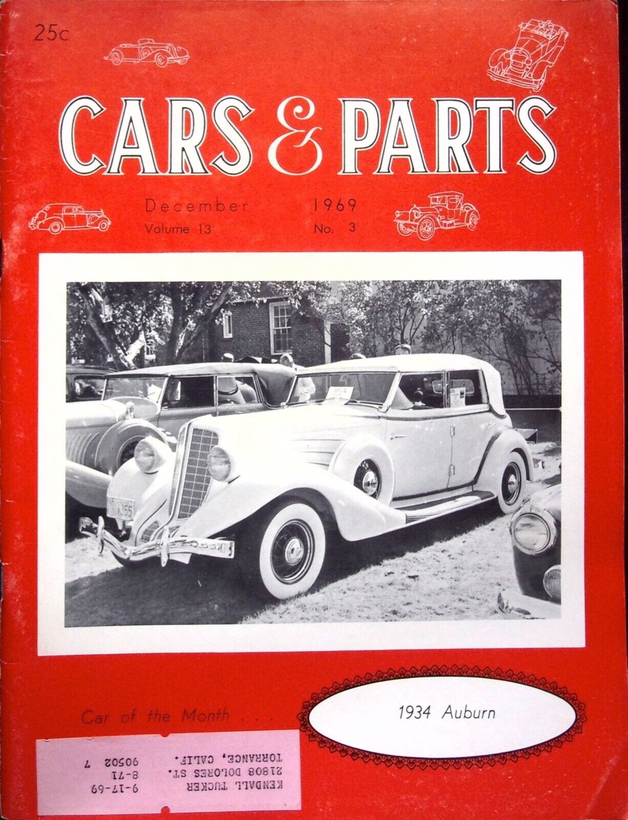 VINTAGE 1934 AUBURN - CAR & PARTS MAGAZINE, DECEMBER 1969 VOLUME 13 NO. 3