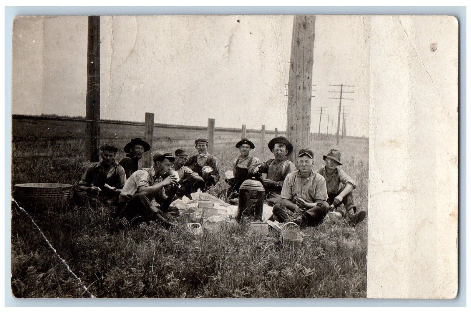 Becker Minnesota MN Postcard RPPC Photo Workers Enjoying Picnic Lunch c1910's