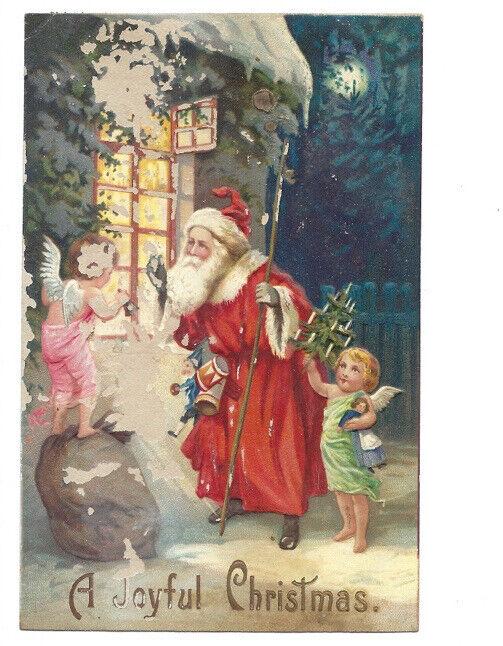 c.1900s Joyful Christmas Santa Claus Robe Children Toys Peeking Window Postcard